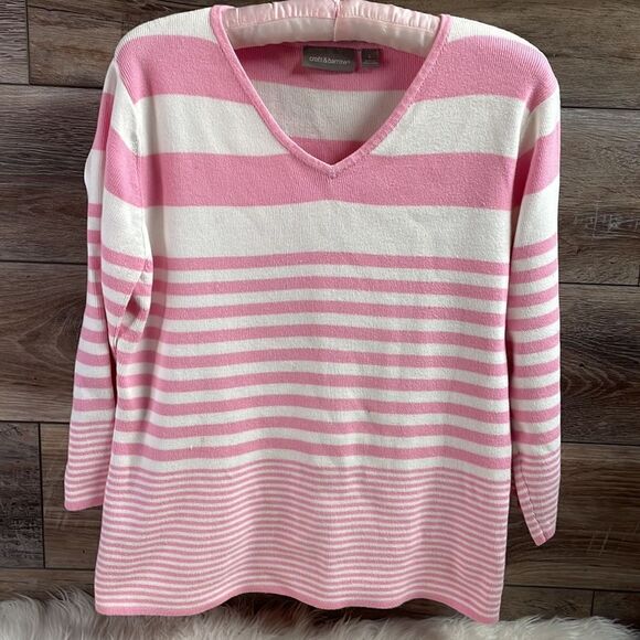Croft and Barrow Preppy 3/4 Sleeve Sweater Pink and White Striped, Size Large - Picture 3 of 7